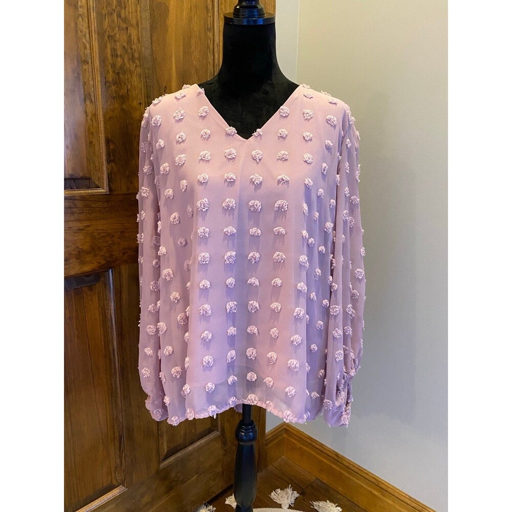 Forgotten Grace Dusty Rose‎ Pink Long Sleeve V Neck Pokadot Size 1X Top Blouse